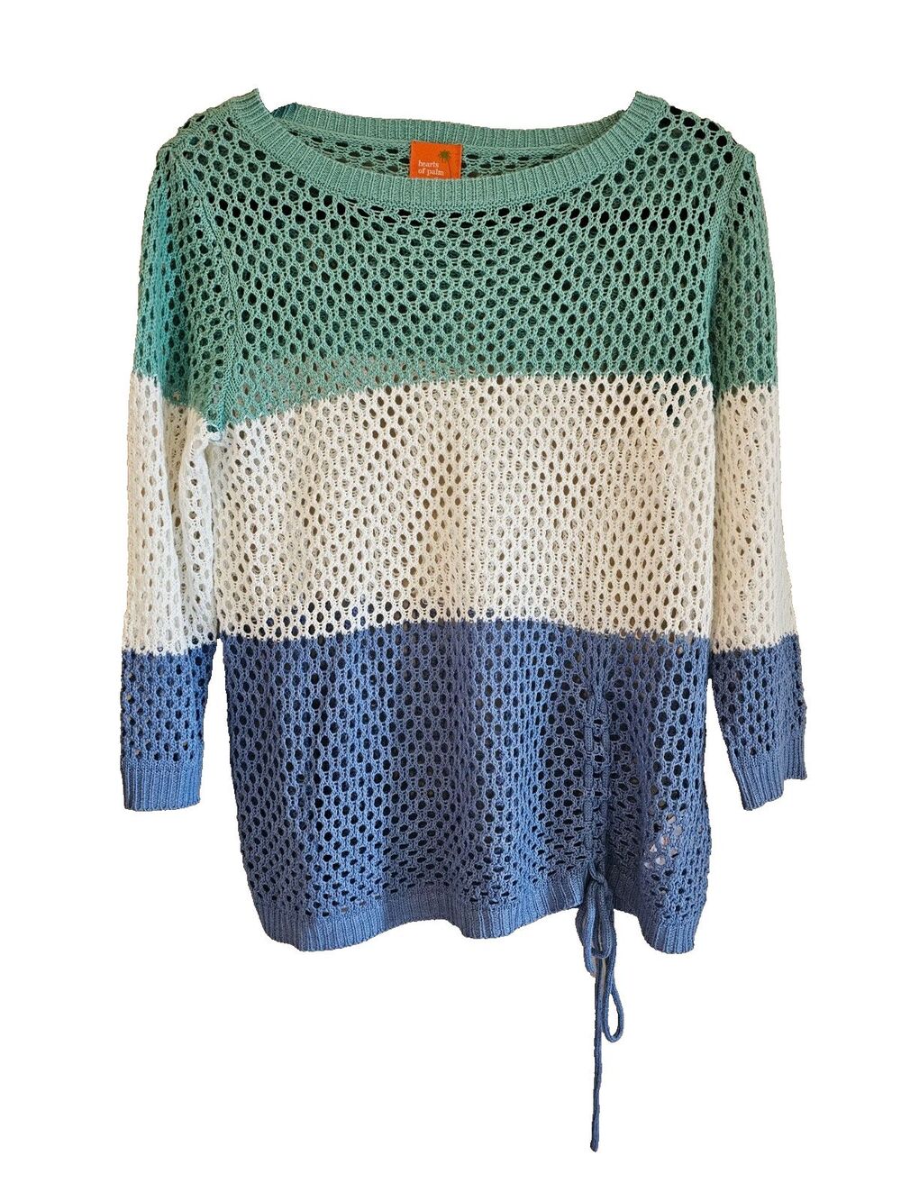 Women's  Top Size LP Scoop Neck coverup, color block, crochet Hearts of Palm